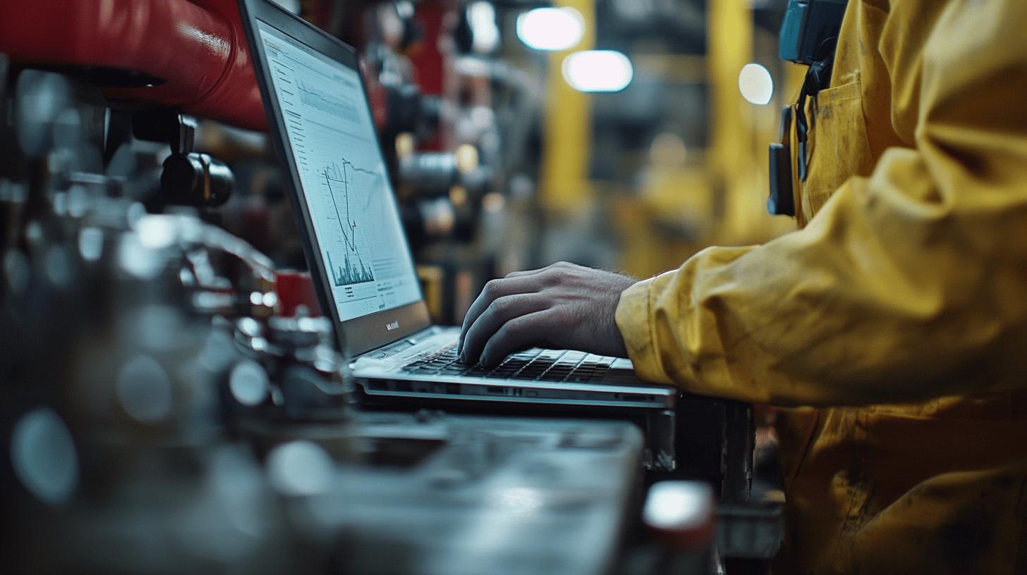 A professional overlooking industrial infrastructure through a large digital interface, symbolizing innovation, efficiency, and the integration of advanced technology in optimizing business operations.