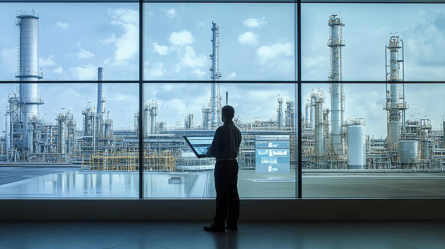 Professional analyzing industrial refinery complex through large glass windows, with data visualization screens and extensive petrochemical infrastructure in background