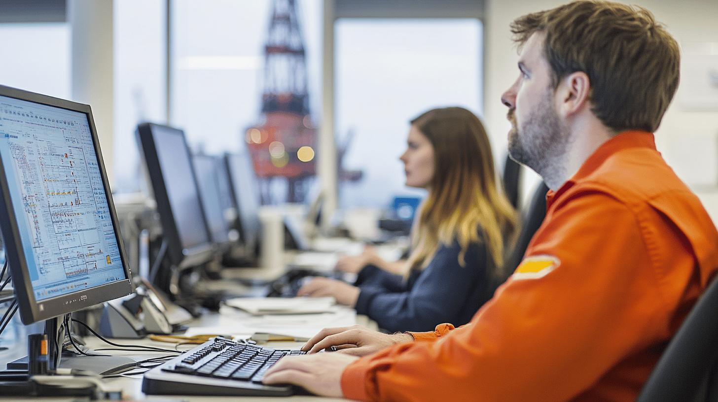 A team of professionals working in an office environment on multiple large monitors displaying complex data, reflecting collaboration, software solutions, and business process optimisation.