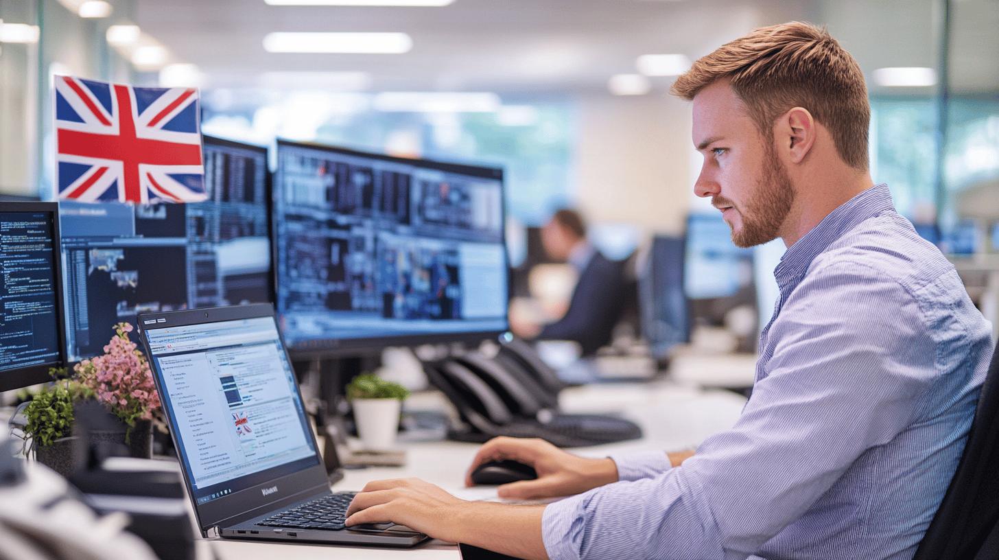Professional working in British tech office with multiple monitors, Union Jack flag, focused on data analysis and cybersecurity operations