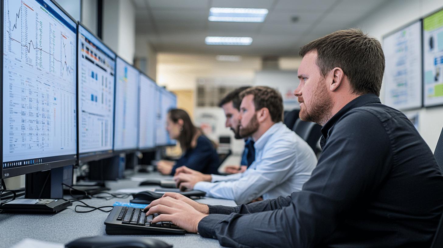 Financial analysts monitoring stock market data on multiple computer screens in corporate trading office