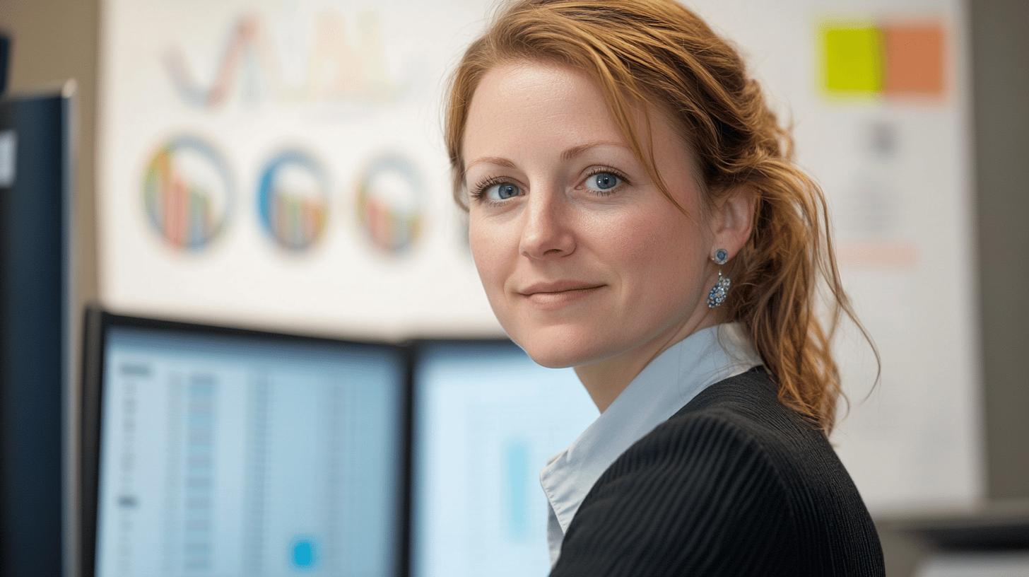 Professional woman analyzing data charts in office with computer monitors and business analytics graphs in background, wearing black sweater and white shirt