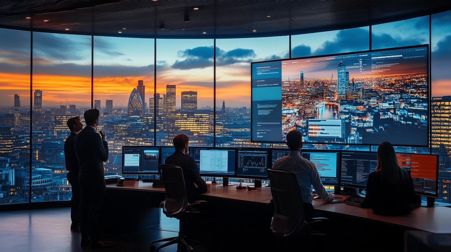 Modern data control center with multiple professionals analyzing city skyline and digital screens, overlooking London's financial district at sunset with dramatic urban landscape and technological workstations