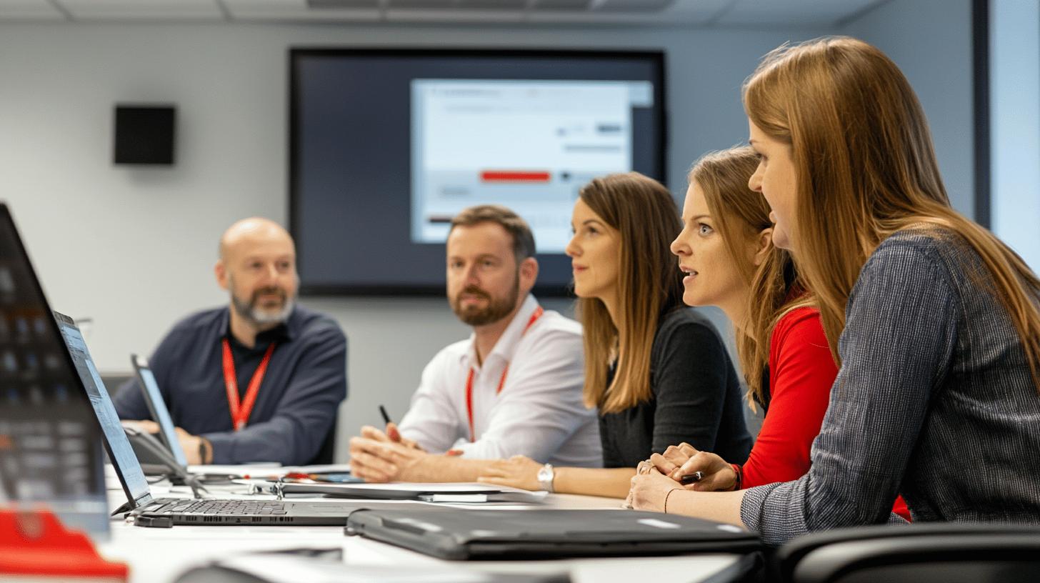 Professional business meeting with diverse team in modern conference room, focused on laptop and presentation screen, wearing business casual attire