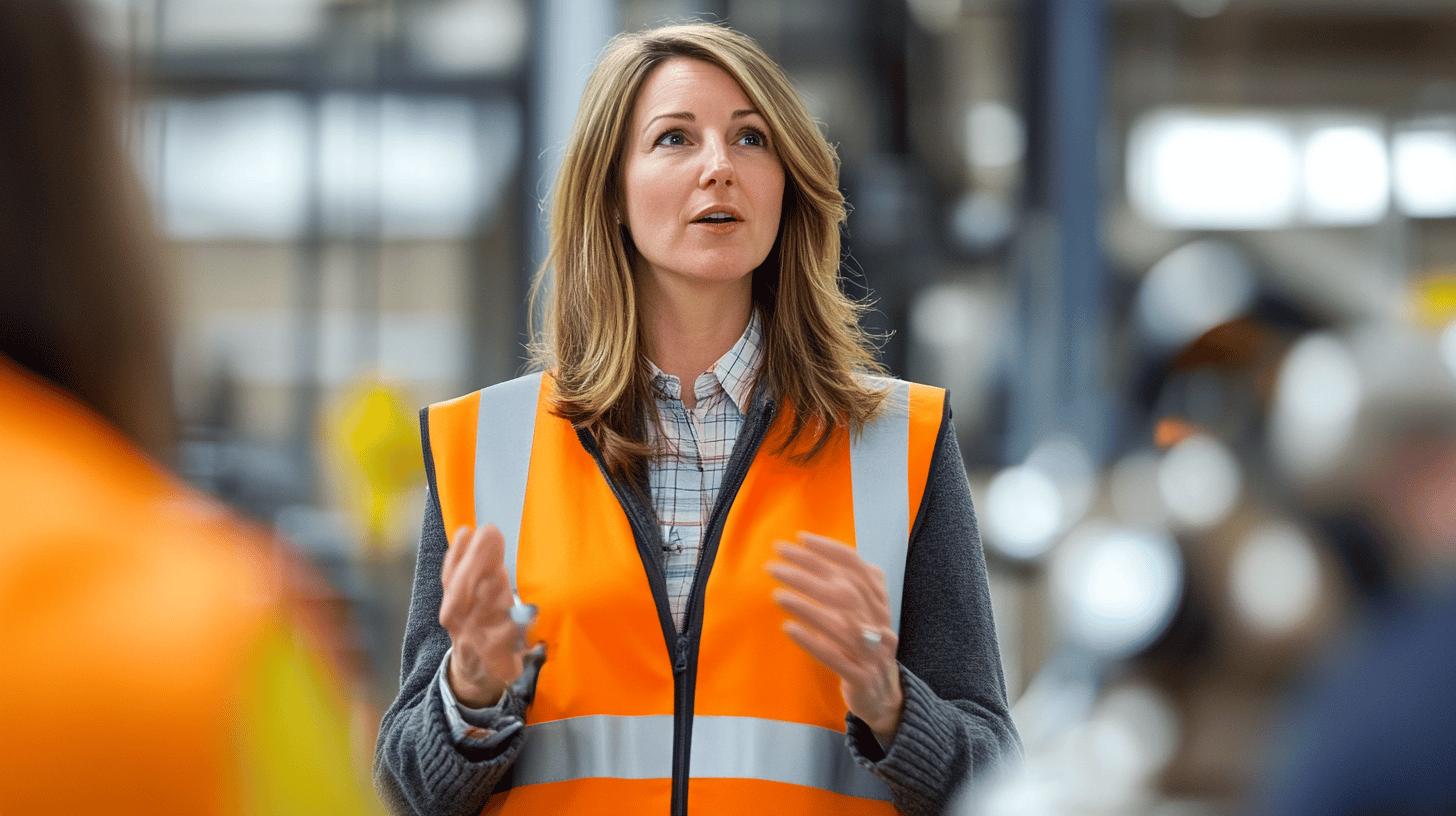 Professional woman in orange safety vest gesturing during industrial workplace safety training or meeting, with blurred factory background
