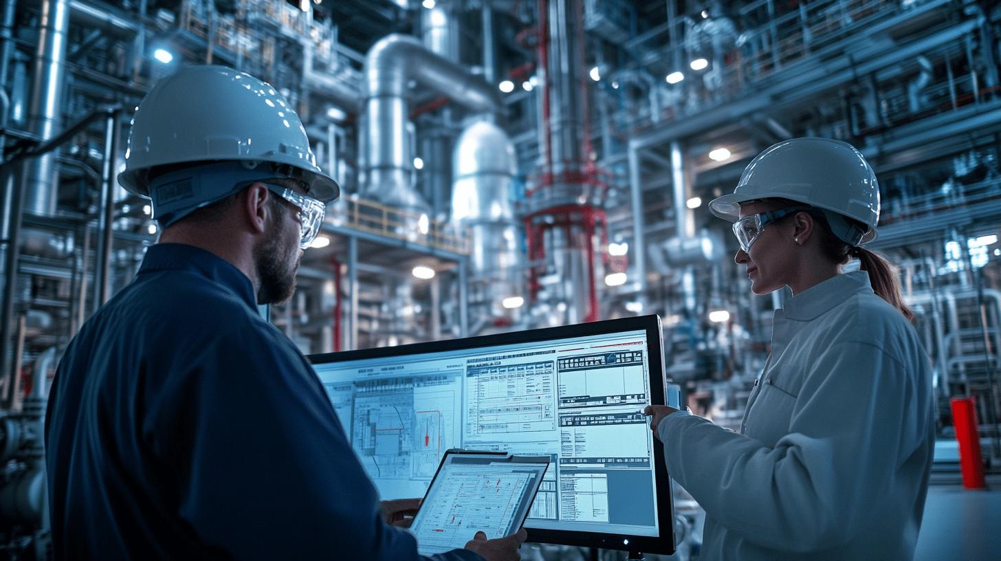 Two industrial engineers analyzing technical diagrams on computer screens inside a complex manufacturing facility with metallic pipes and machinery, wearing white hard hats and safety glasses