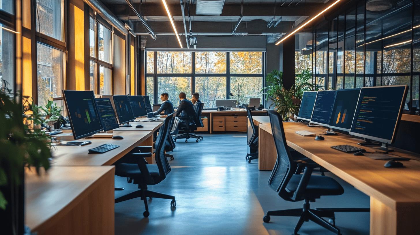 Modern tech office with multiple workstations, large windows overlooking autumn trees, wooden desks, black ergonomic chairs, multiple computer monitors displaying code, and indoor plants creating a sleek, collaborative workspace