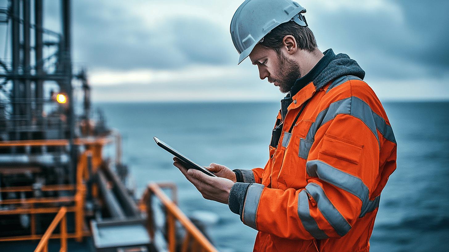 Two professionals in safety gear review digital data on a screen and tablet inside a modern industrial facility, highlighting technology-driven workflows and operational efficiency in a high-tech environment.