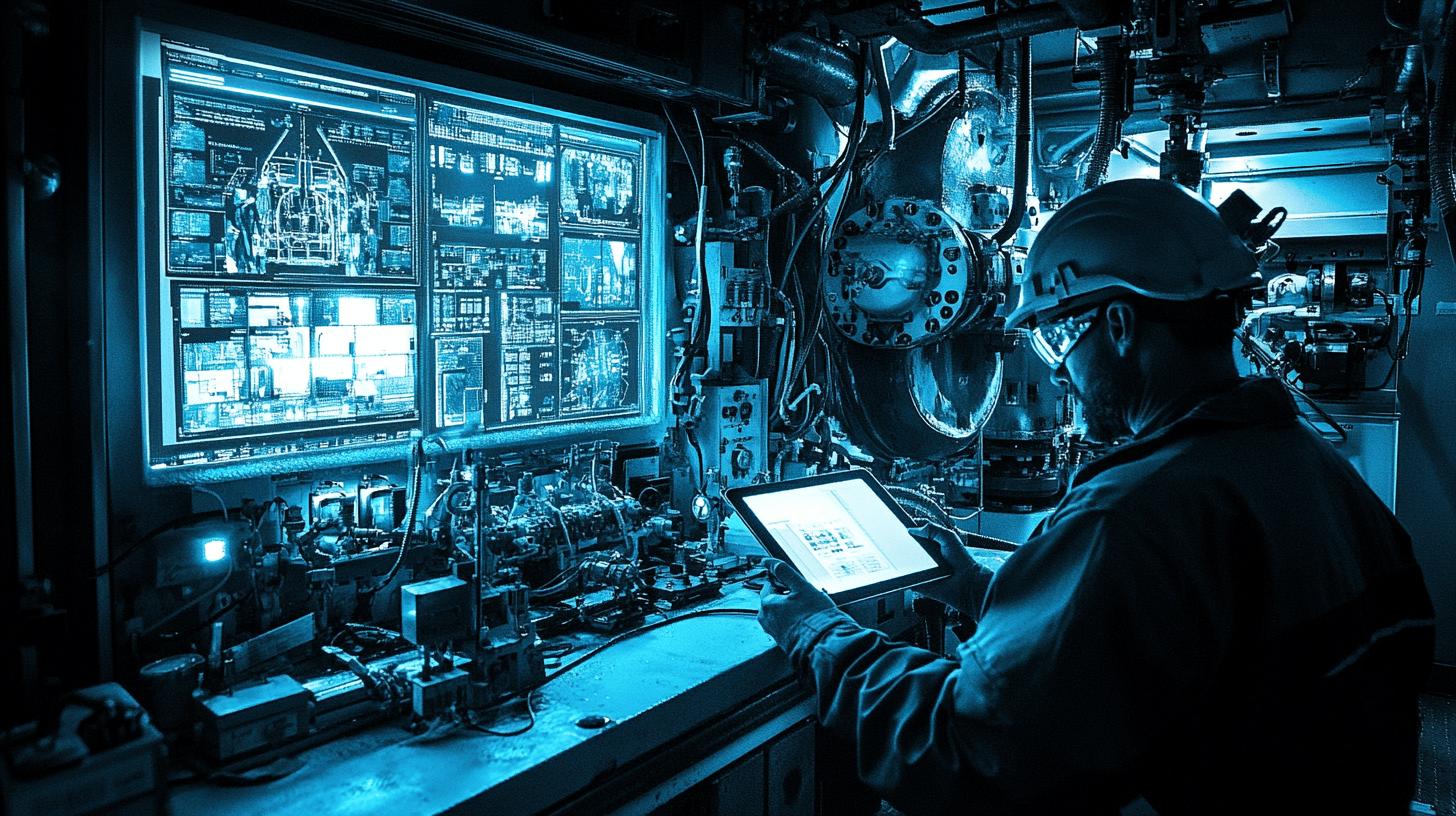 High-tech industrial control room with multiple digital screens displaying technical blueprints and machinery schematics, featuring complex mechanical equipment and an operator working on a tablet in a blue-tinted, futuristic environment