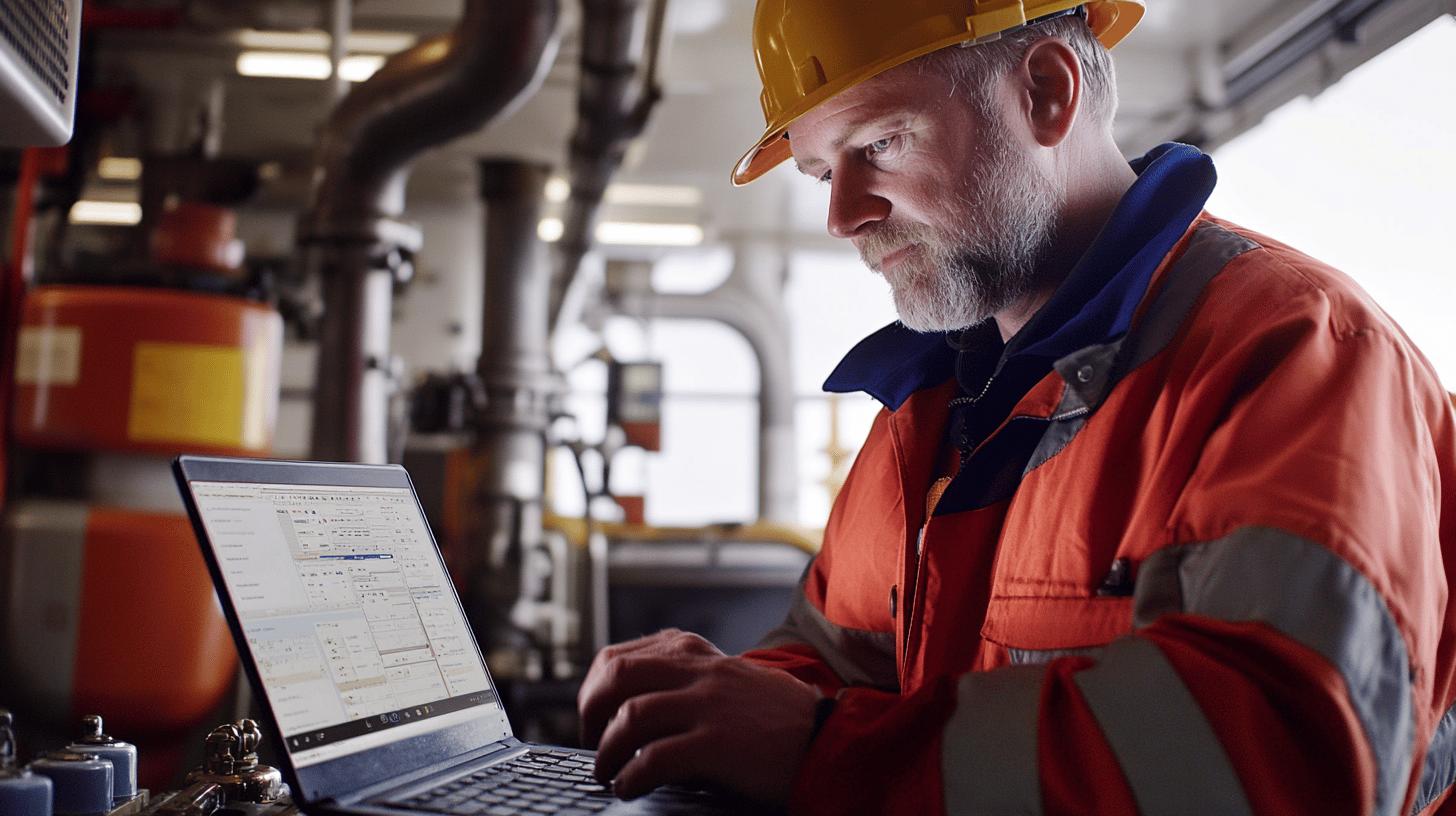 Experienced industrial worker in safety gear using laptop near machinery in factory or plant environment, wearing high-visibility orange jacket and yellow hard hat while reviewing technical documentation or data