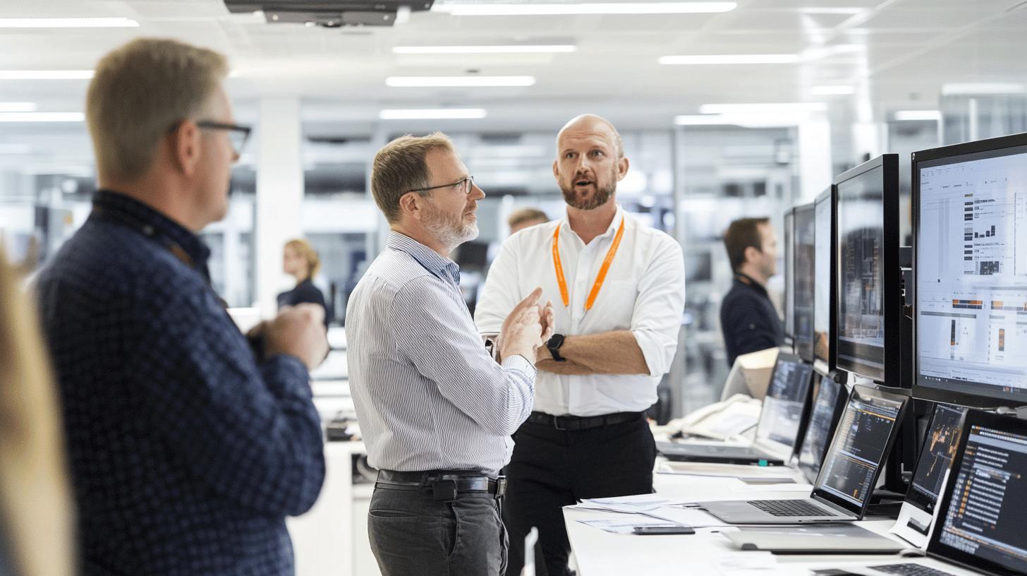 Professional colleagues discussing data analysis in a modern, well-lit office with multiple computer monitors showing business analytics dashboards