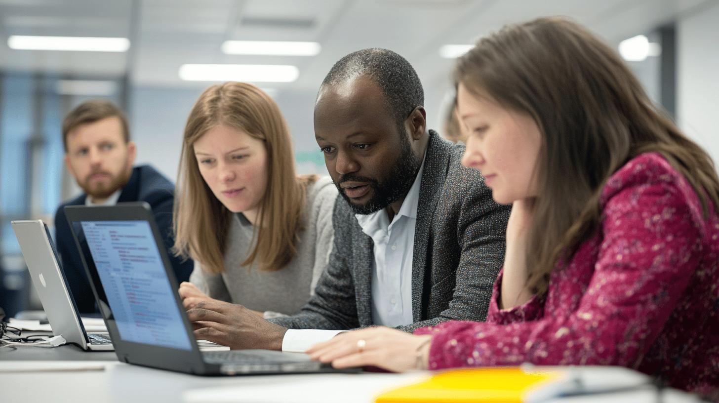 Business professionals discussing in a modern office environment with multiple computer screens displaying software and data analytics, reflecting collaboration and innovation in business process optimisation.