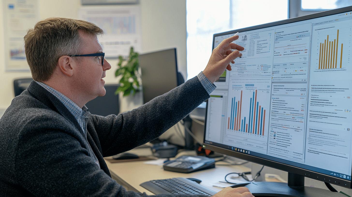 Professional analyzing business performance metrics on computer screen in modern office with data visualizations and bar graphs