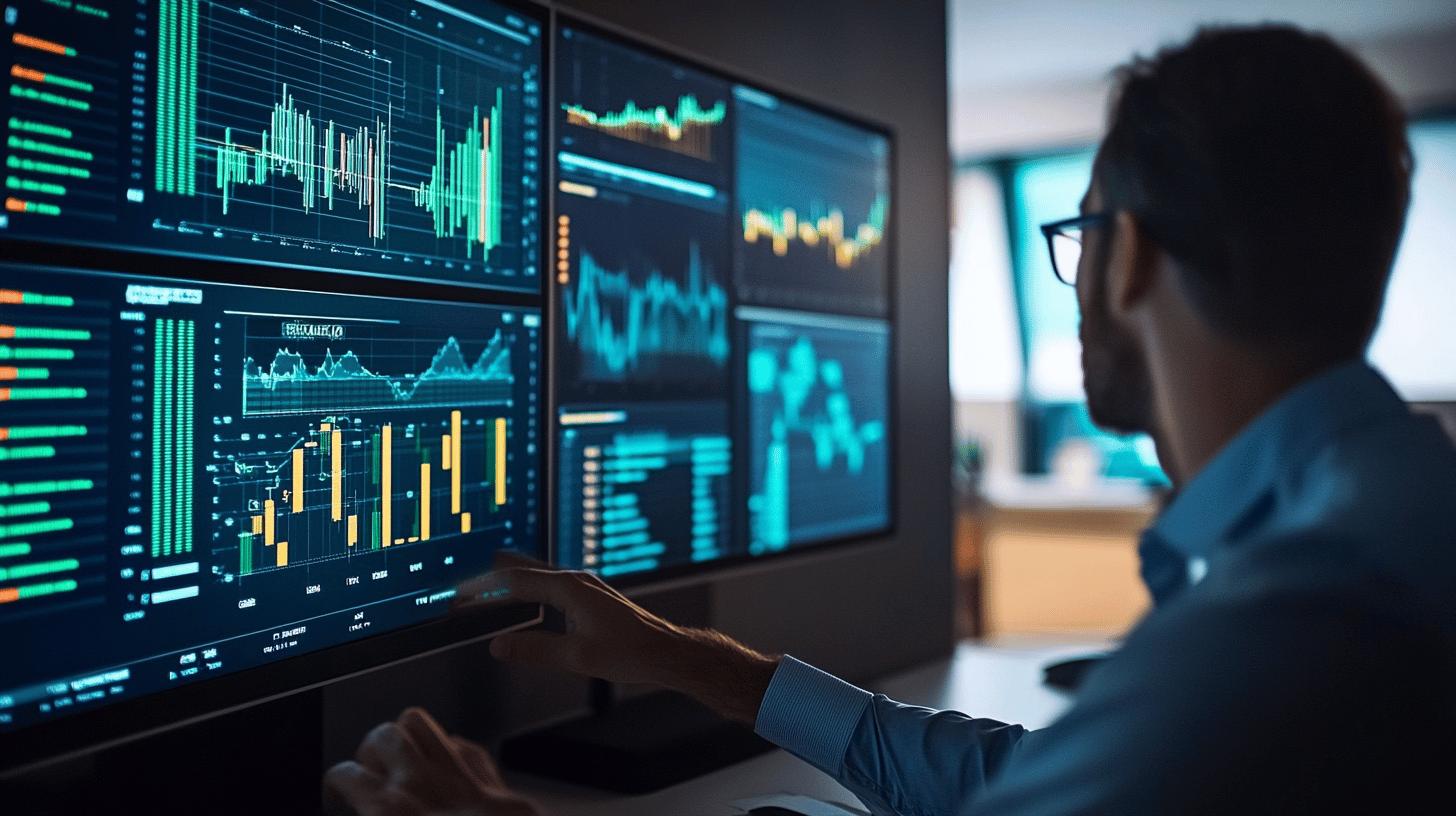Trader analyzing financial market data on multiple digital screens with stock charts, trading graphs, and complex financial analytics displays in a dark office setting