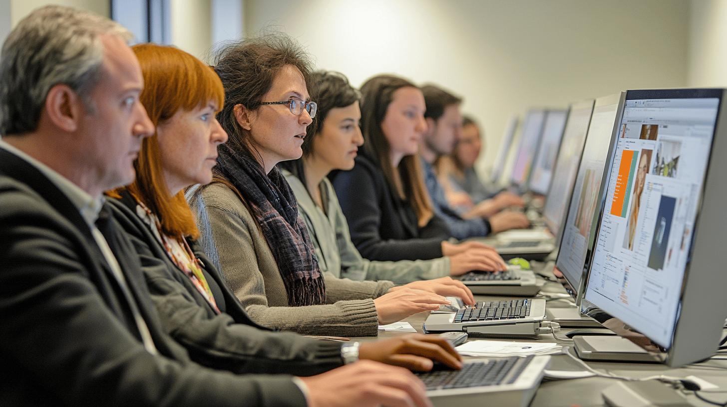 A modern office environment with collaborative workspaces, vibrant orange accents, large windows allowing natural light, and employees working on computers, symbolizing innovation, productivity, and streamlined operations ideal for Q-Hub’s mission.