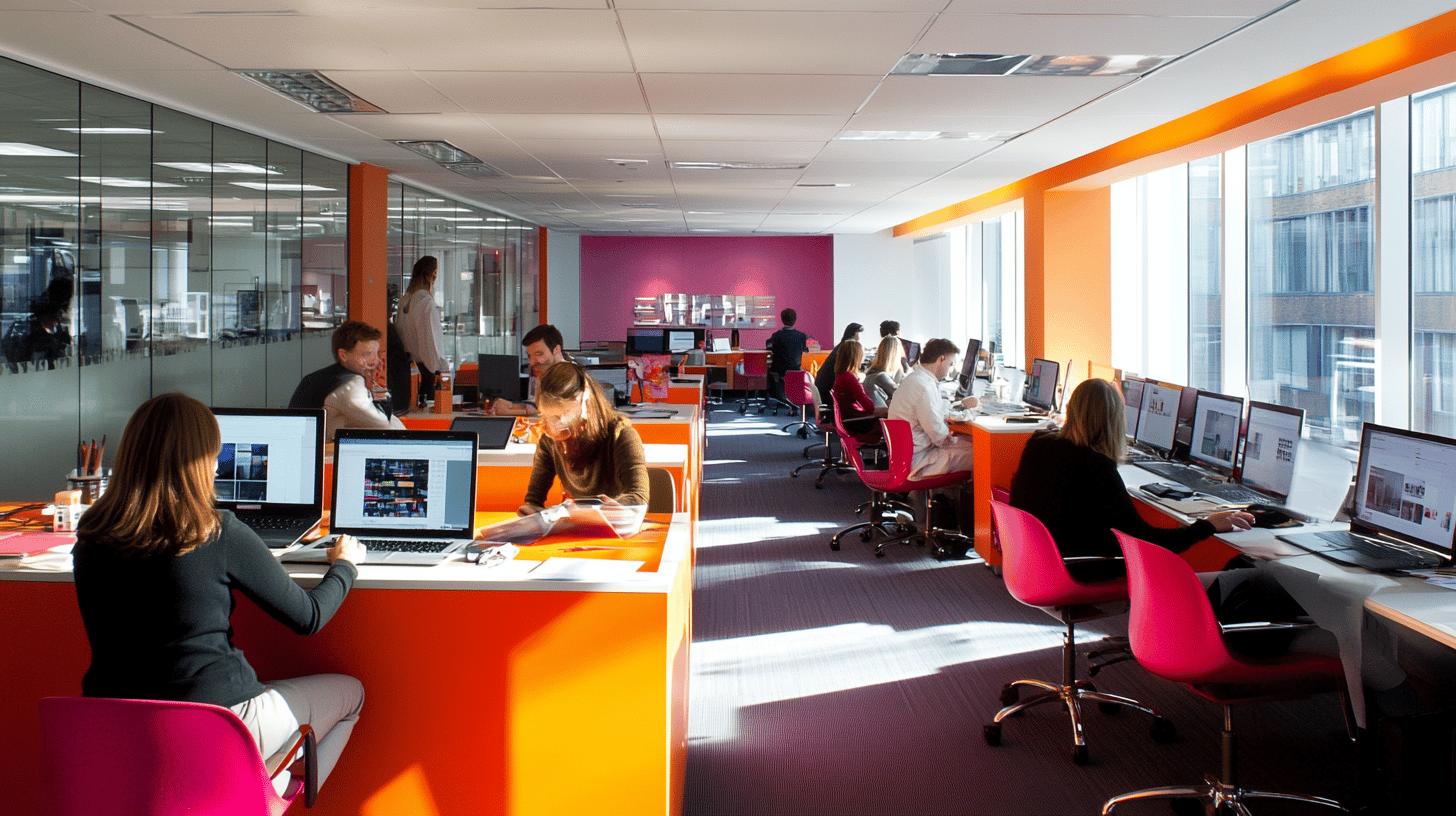 Modern open-plan office with vibrant orange and pink color scheme, multiple employees working on computers at bright workstations with large windows, showcasing contemporary collaborative workspace design