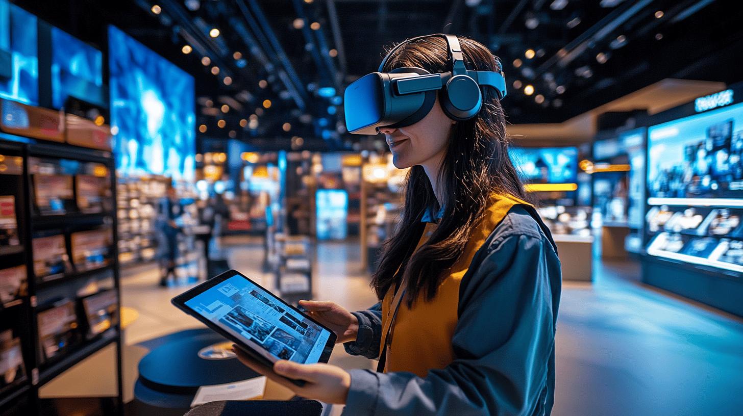 Immersive virtual reality experience in modern technology store with blue VR headset and interactive tablet display