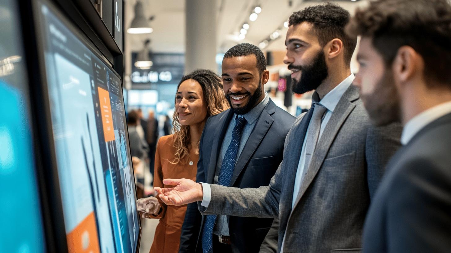 Professional business team analyzing data on digital display in modern corporate environment, showcasing collaboration and technology