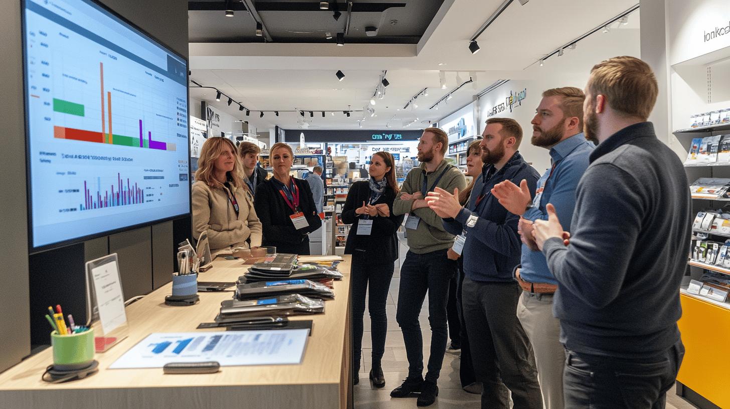Professional team analyzing data visualization in modern retail analytics workspace, with multiple colleagues gathered around large display screen reviewing colorful statistical charts and graphs during business meeting