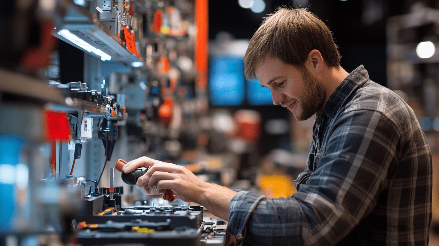 A modern retail store with automation kiosks and shelves stocked with products, reflecting digital innovation and streamlined operations, aligned with Q-Hub's focus on business process optimisation and digital transformation.