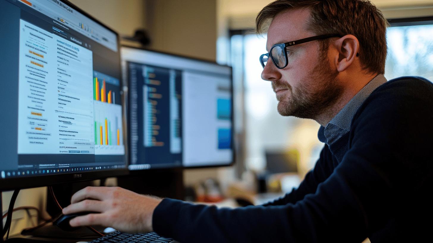 Professional analyzing data analytics dashboard on multiple computer monitors in office workplace