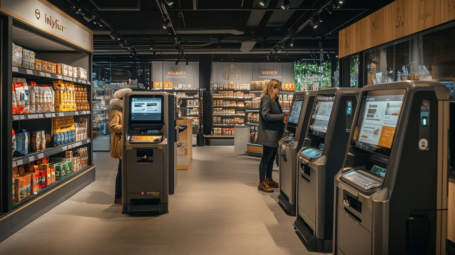 Modern retail store interior with self-checkout kiosks, product shelves, and a shopper using digital payment technology