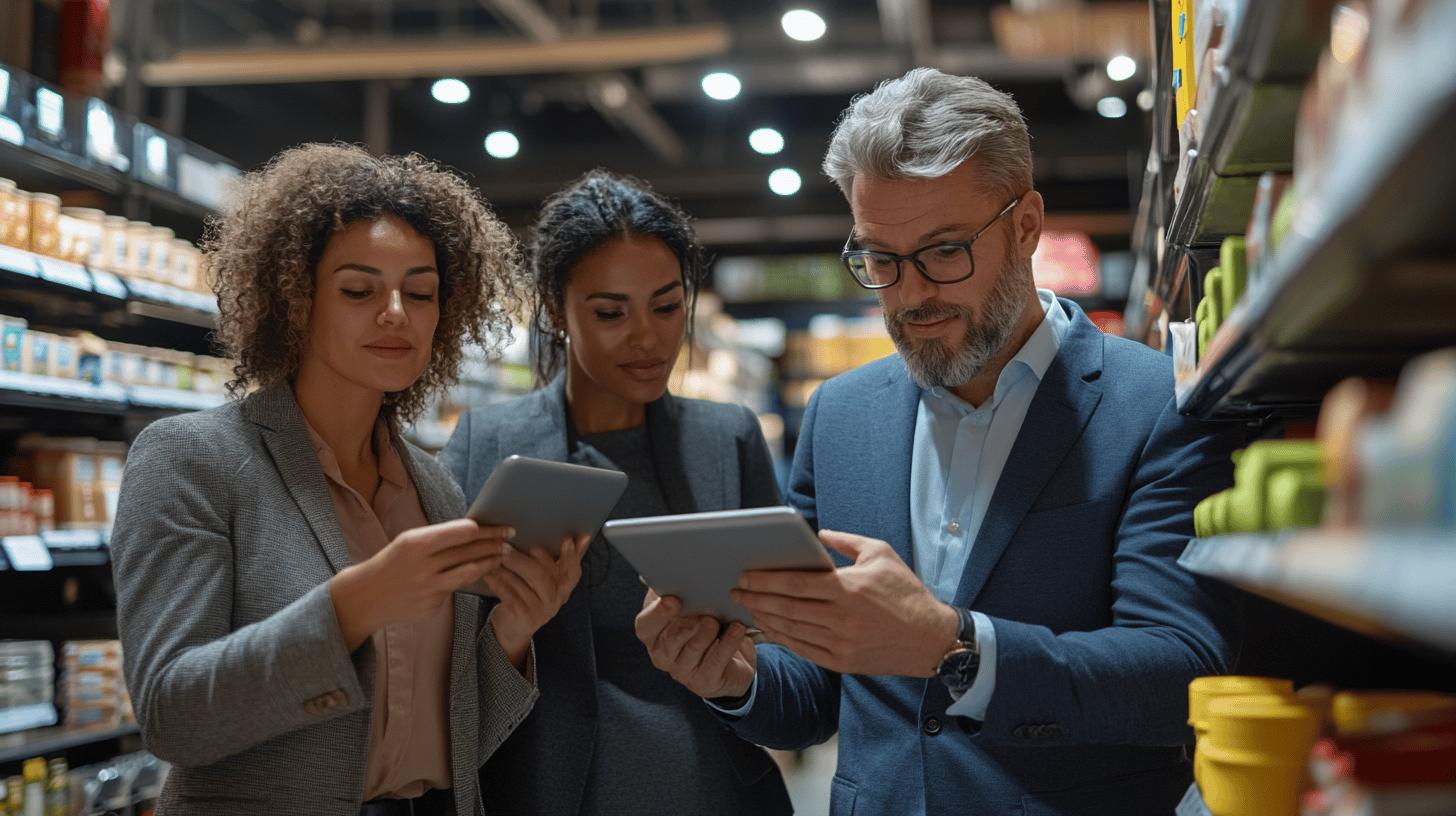 Professional team using tablets in retail inventory warehouse, analyzing product data with focused collaboration and modern technology