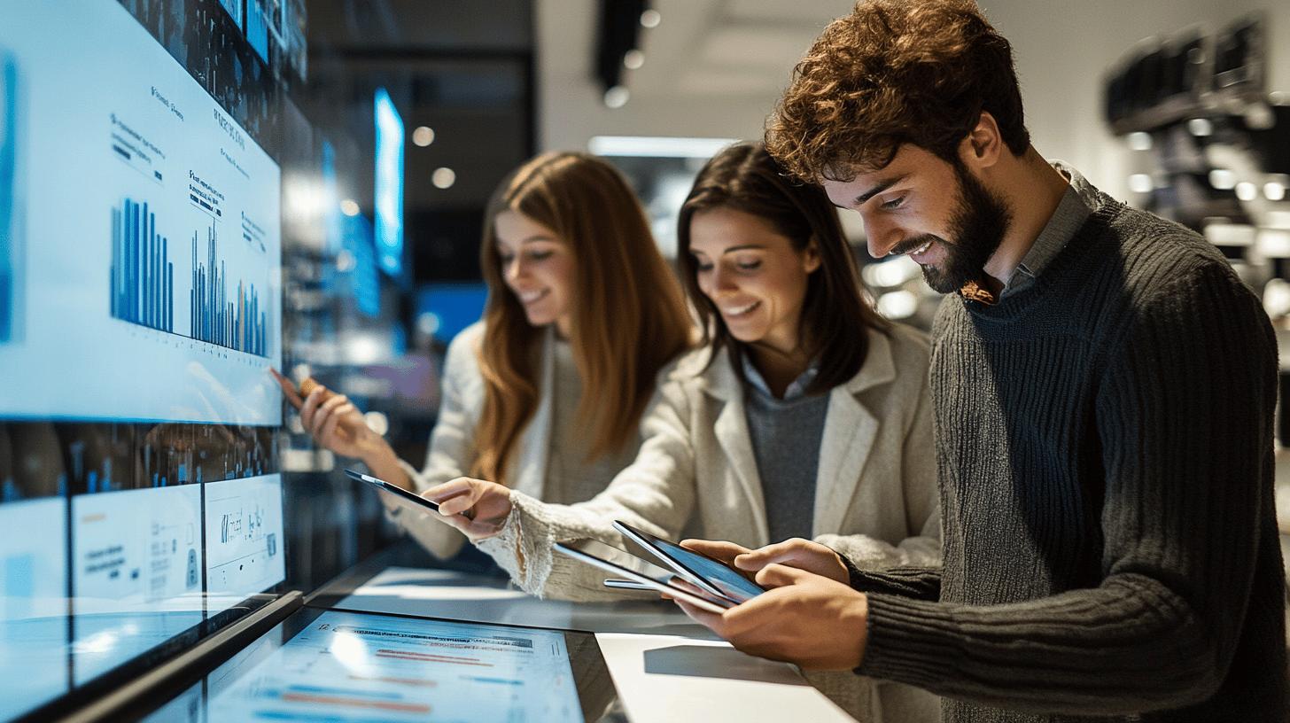Business professionals analyzing data visualization on interactive digital screens in modern workplace, collaborative team reviewing analytics and graphs together