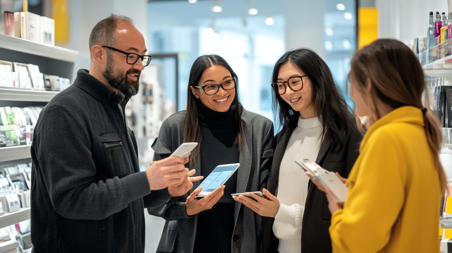 Professional team collaborating in retail store, using mobile devices and sharing digital information, with shelves of products in background