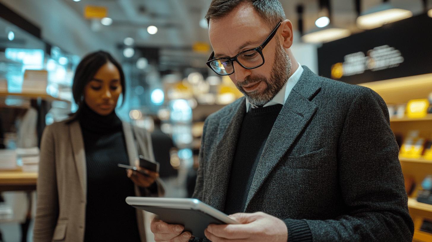 Professional middle-aged businessman in glasses and gray blazer using tablet in modern retail or office environment with blurred colleague in background
