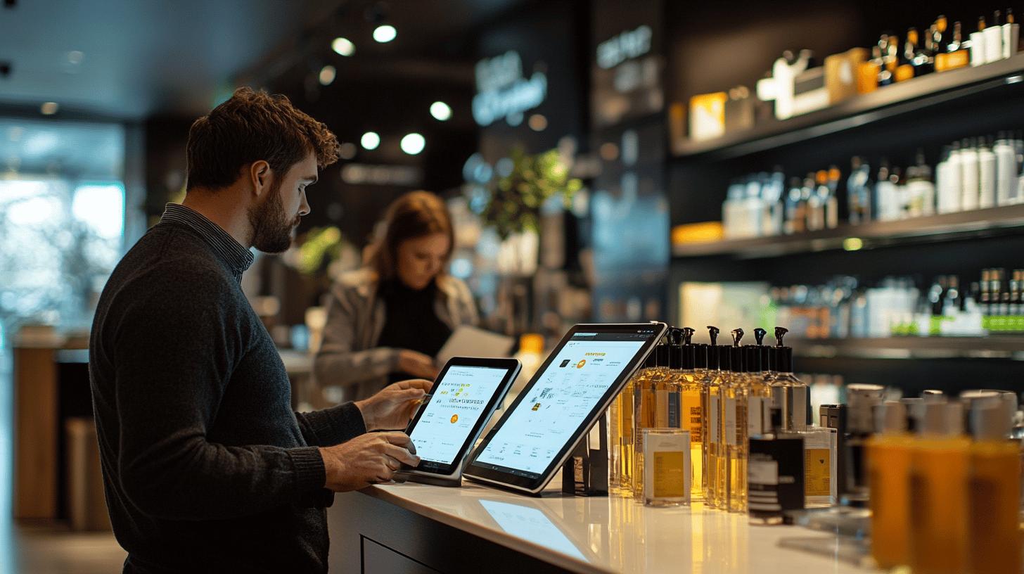 Modern retail point of sale with digital tablets, inventory of bottled products, and a worker analyzing data in a sleek store environment with ambient lighting