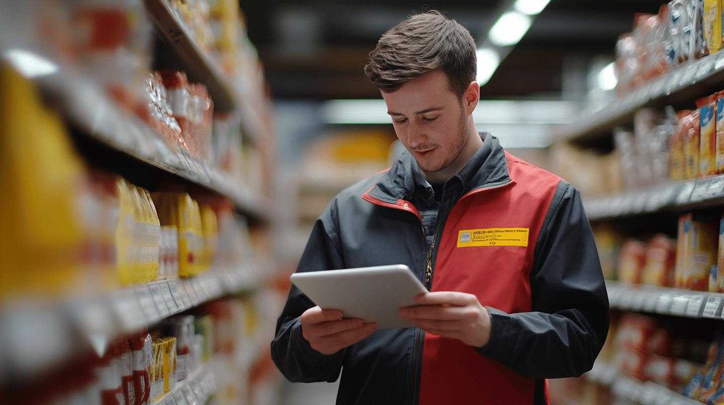 A professional in a modern retail environment uses tablets featuring software interfaces, signifying digital transformation and workflow optimisation. Shelves with products in the background highlight operational efficiency in business settings.