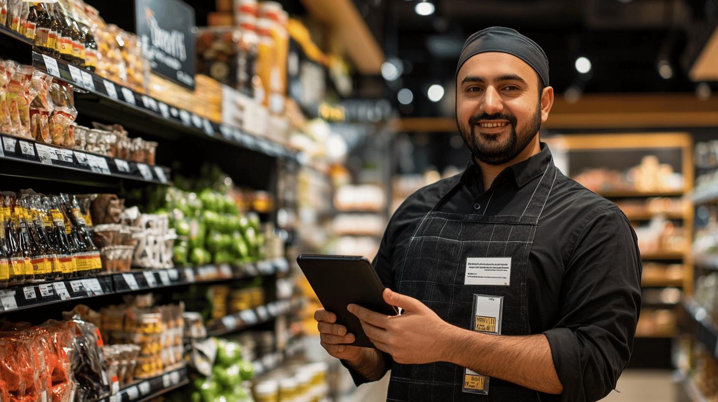 Smiling grocery store employee in black uniform and head covering using tablet while standing in food aisle with shelves of packaged products