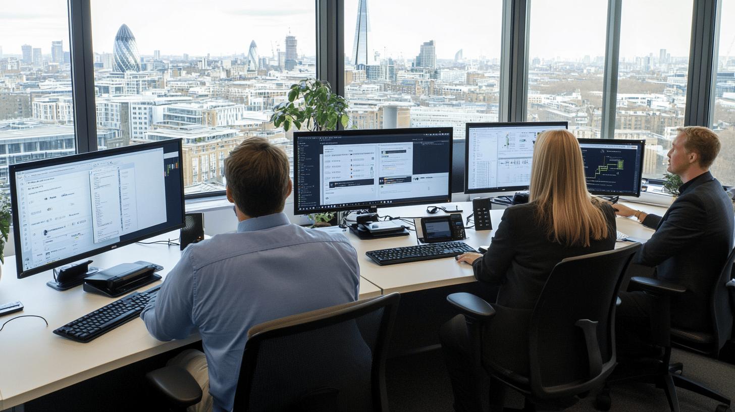Modern office workspace with multiple employees working on computer screens, overlooking the London skyline with iconic skyscrapers like the Gherkin, featuring an open-plan environment with large windows and city views