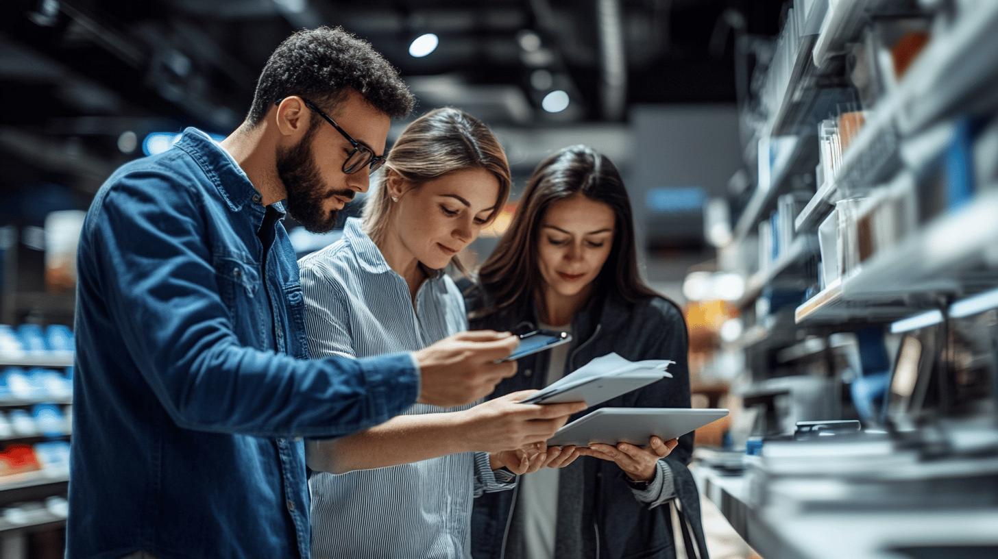 Professional team collaborating in modern technology storage facility, reviewing documents and digital devices with focused teamwork and attention to detail