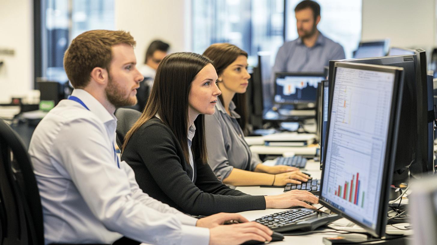 Professional team analyzing data on computer screens in modern office workspace, with multiple employees working on financial graphs and reports