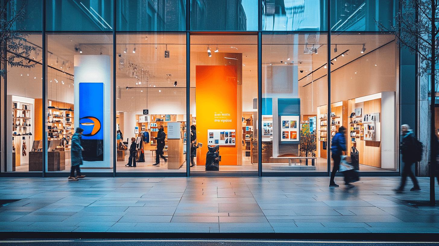 Modern retail store with glass facade and vibrant orange and blue accents, showcasing interior shelves and displays, with blurred pedestrians walking past on a tiled sidewalk at dusk