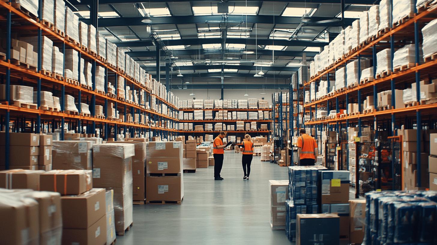 Large modern warehouse interior with tall orange and blue shelving, stacked with white and cardboard boxes, and warehouse workers in high-visibility orange safety vests walking between inventory storage racks