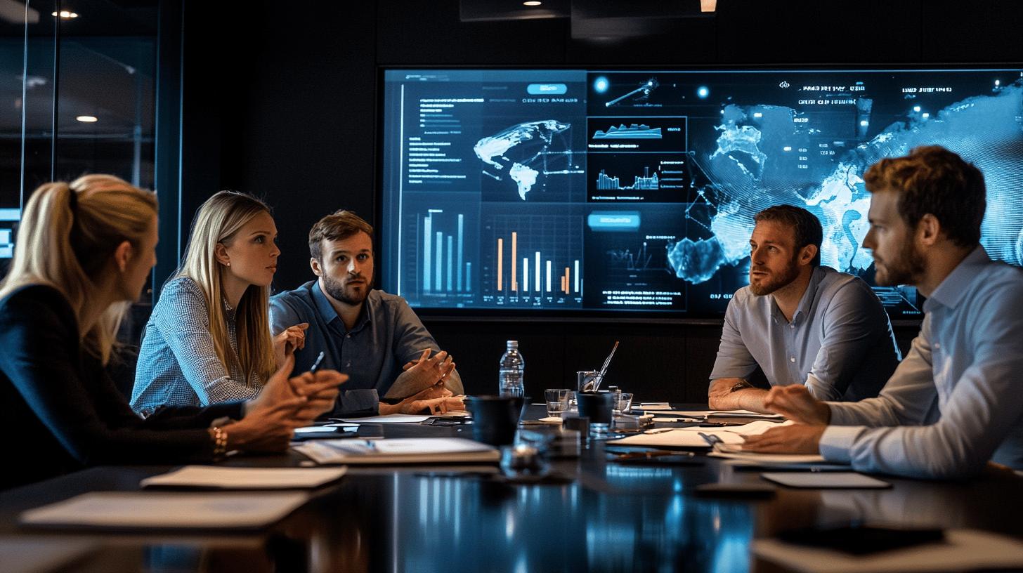 Team analyzing global data insights on digital display in modern conference room, with interactive world map and analytics dashboard visible behind business professionals in collaborative meeting