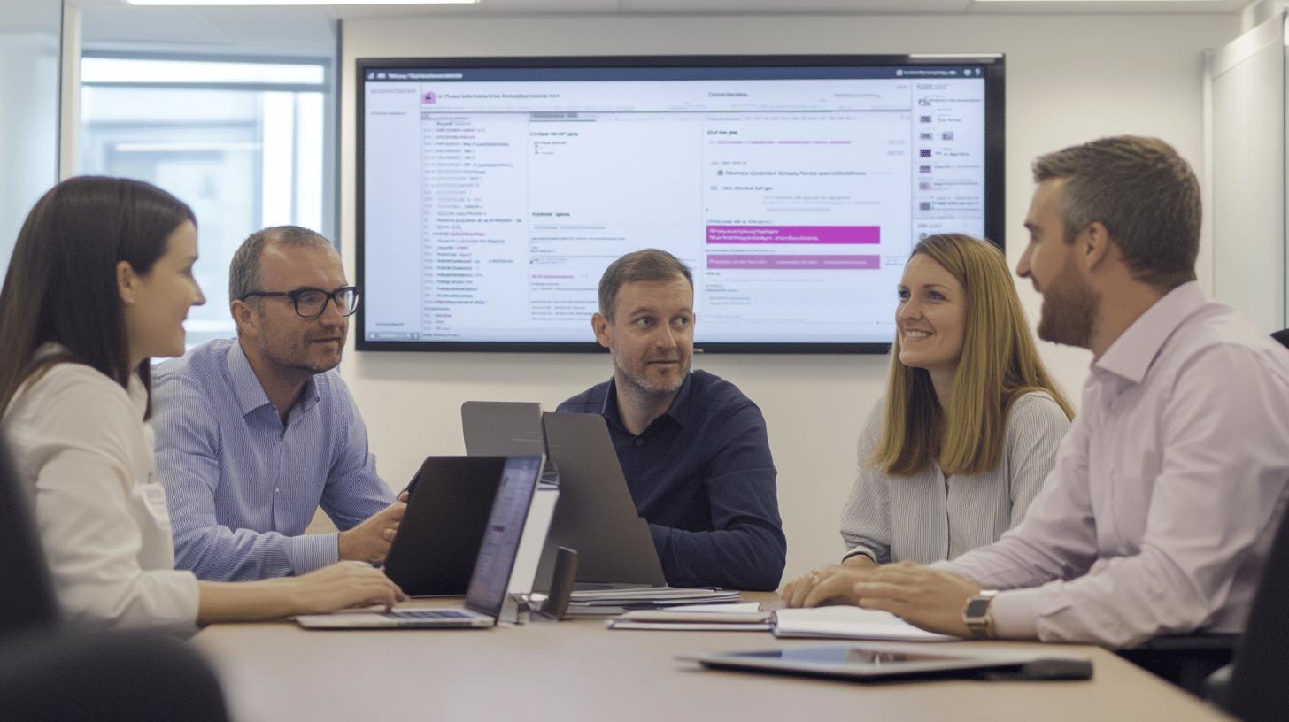 Professional team collaborating in modern office meeting room with large screen display and multiple laptops, engaged in collaborative work discussion