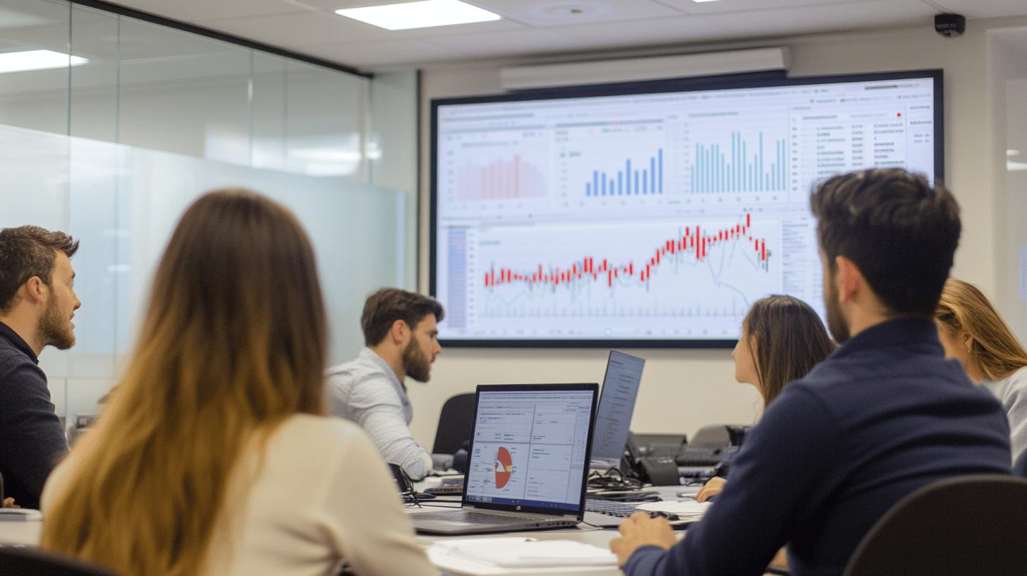 Business professionals analyzing financial data charts in a modern conference room with multiple screens displaying market trends and performance graphs