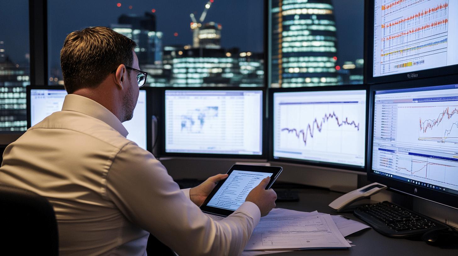A team of professionals in a modern office reviews detailed analytics and graphs displayed on a large screen, focusing on business efficiency and software solutions.