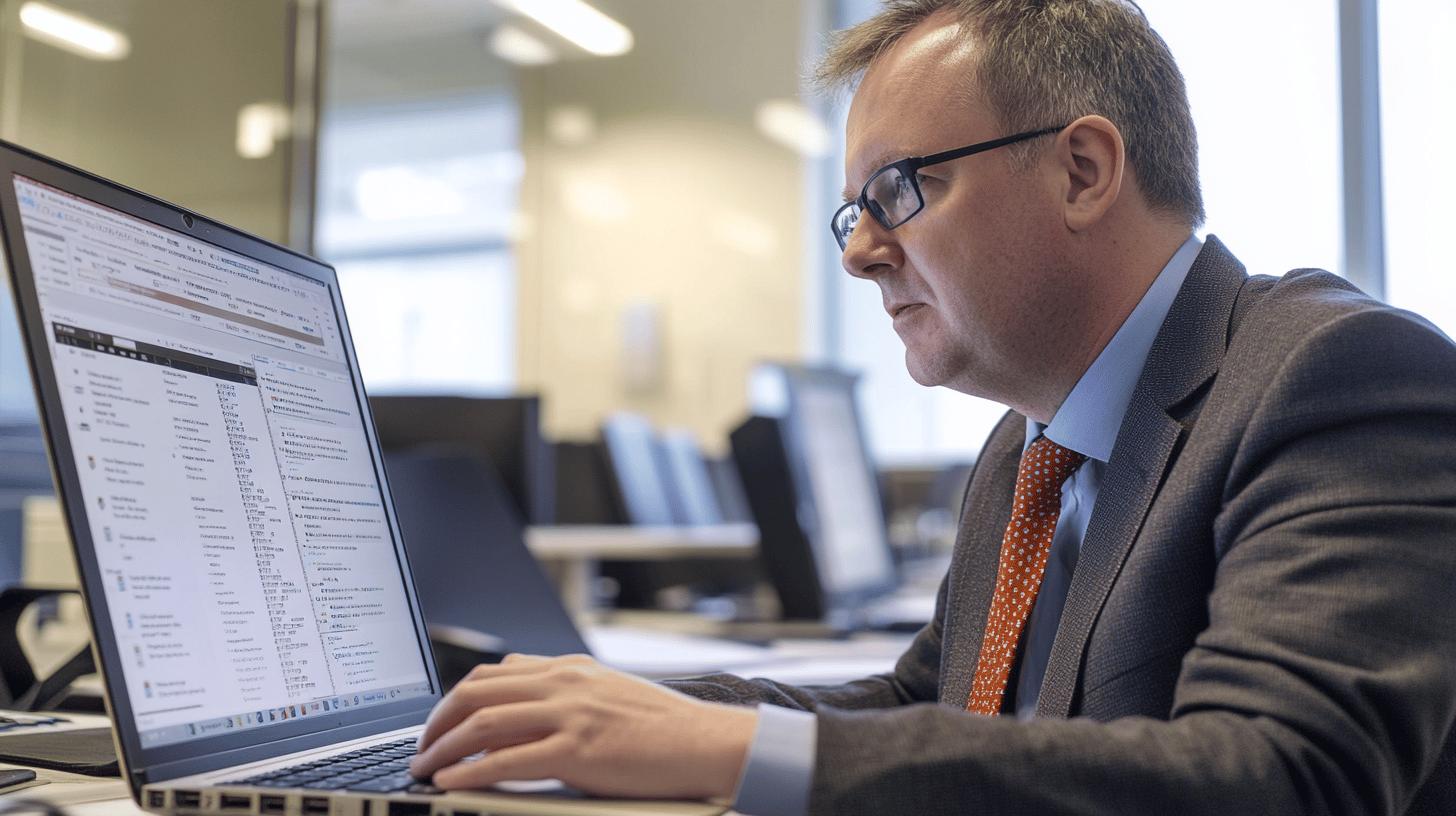 Professional in gray suit and orange tie analyzing spreadsheet data on laptop in office environment