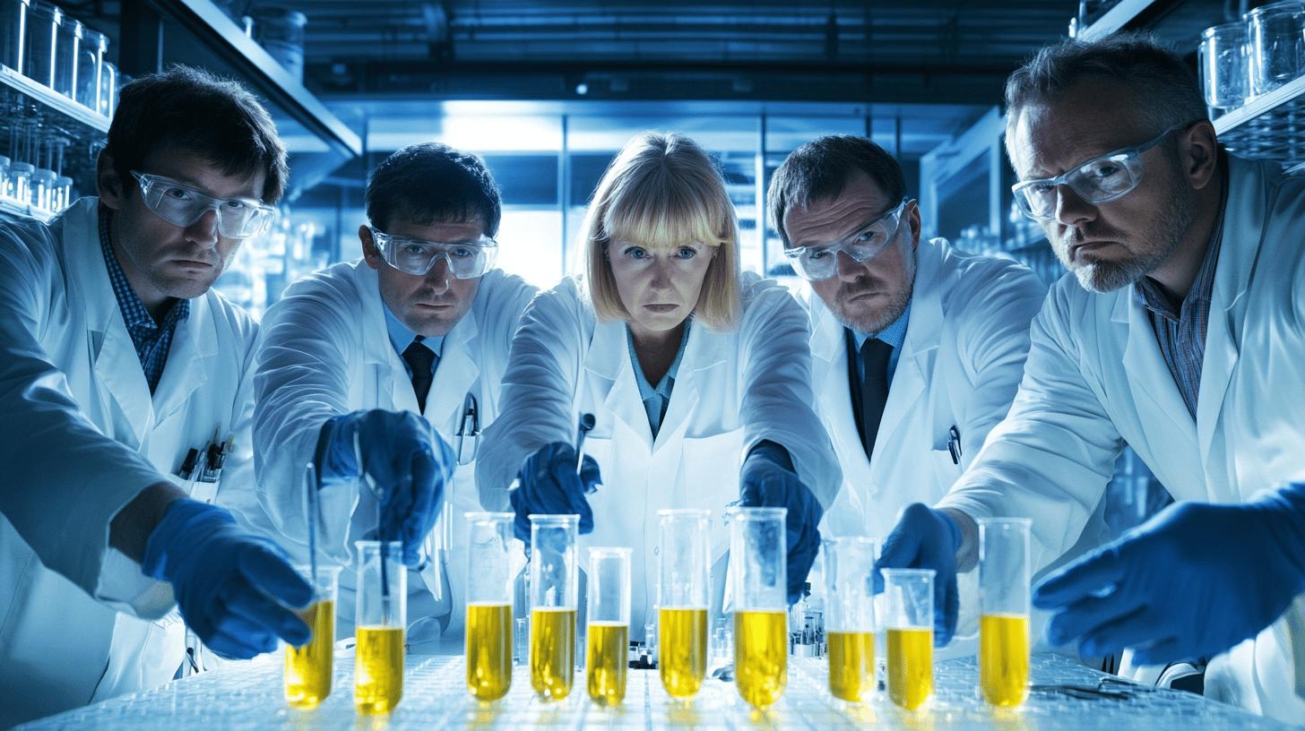Scientific research team in white lab coats analyzing yellow liquid samples in test tubes under blue laboratory lighting, wearing protective safety glasses and blue gloves
