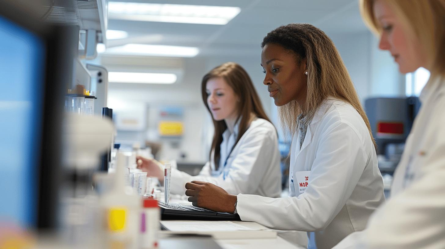 Scientific researchers in white lab coats working together at laboratory workstation with medical equipment and test tubes