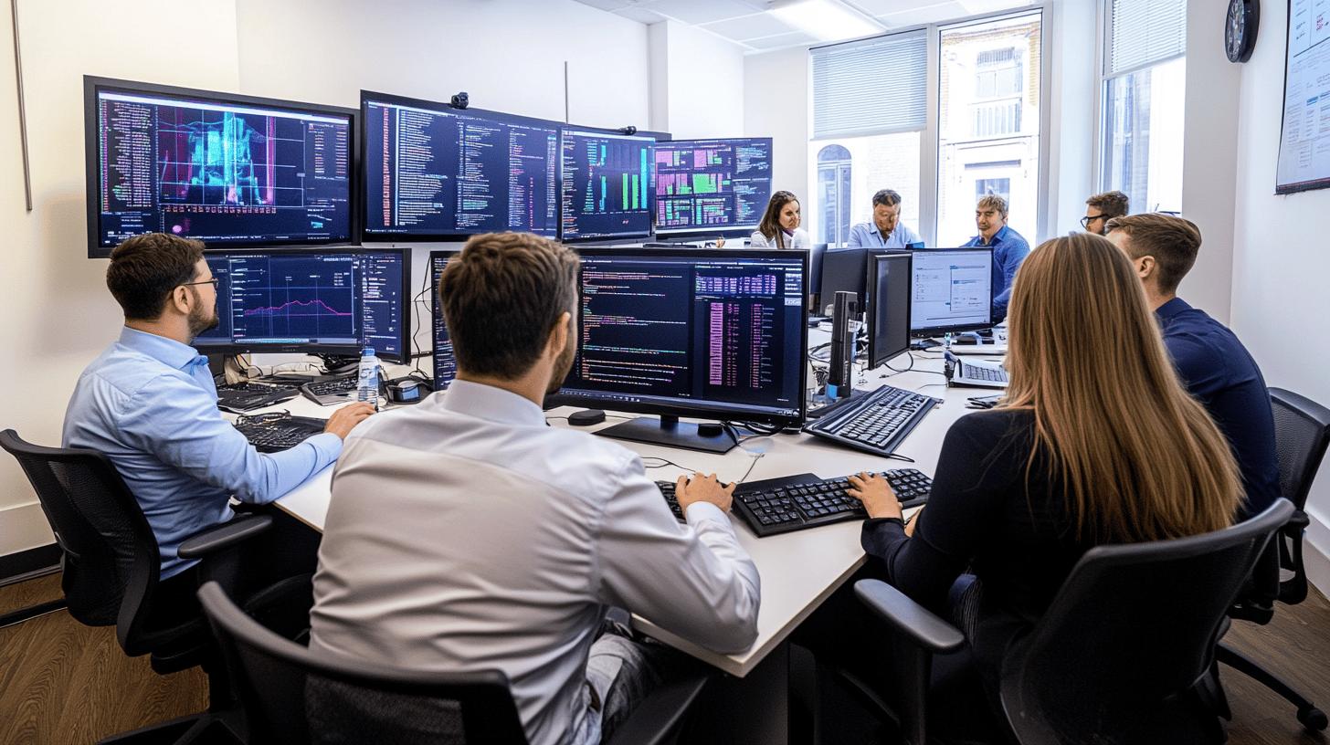 Modern data analytics team working on multiple monitoring screens in high-tech operations center with complex software dashboards and data visualization displays