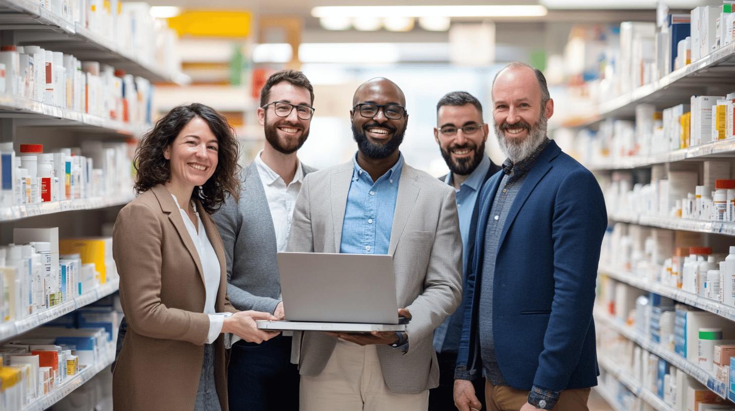 A laboratory setting with scientists in white coats collaborating, using digital tools like laptops and tablets, symbolizing technological integration and innovation for workflow efficiency and software-driven solutions.