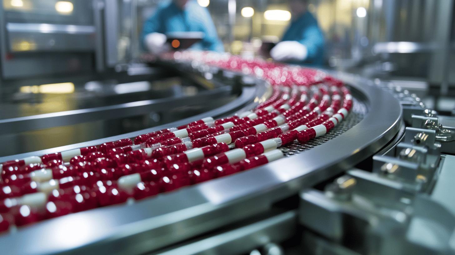 Pharmaceutical capsules moving on curved conveyor belt in sterile manufacturing facility with workers in blue protective clothing