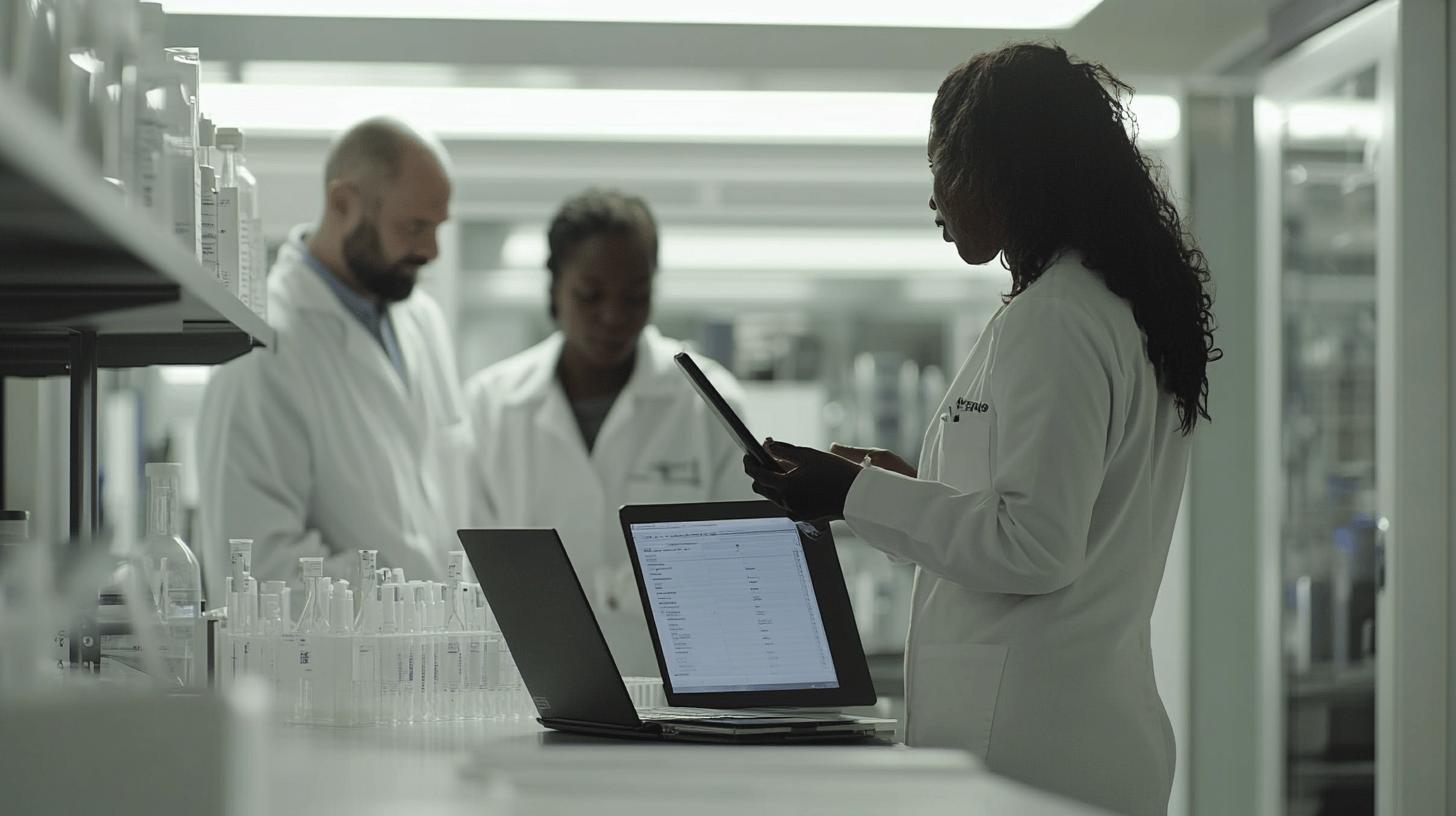 Laboratory researchers in white coats analyzing data on laptops surrounded by scientific glassware and equipment in a modern research facility