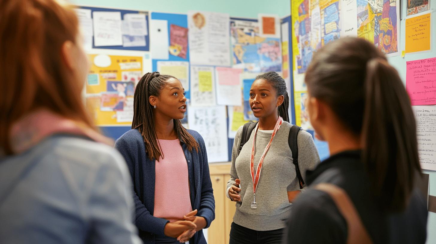 Two female students conversing in a classroom with colorful bulletin boards filled with student work and posters in the background, wearing casual sweaters and engaged in discussion